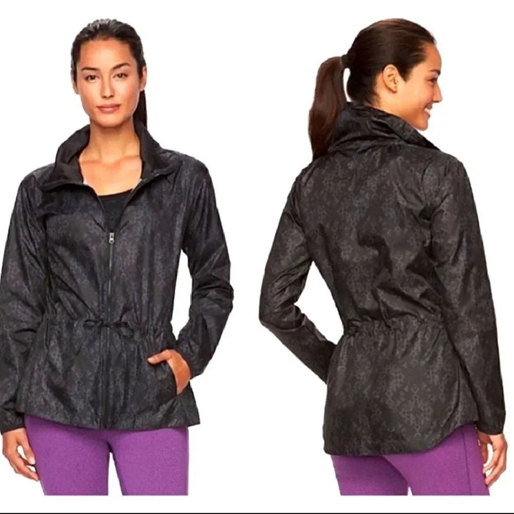 GAIAM Yoga Full Zip Jacket Windbreaker Paisley Black Grey